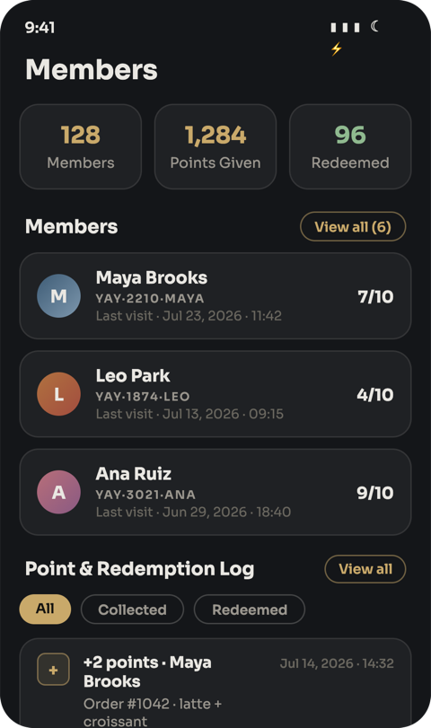 Merchant app stats screen showing members and the point log
